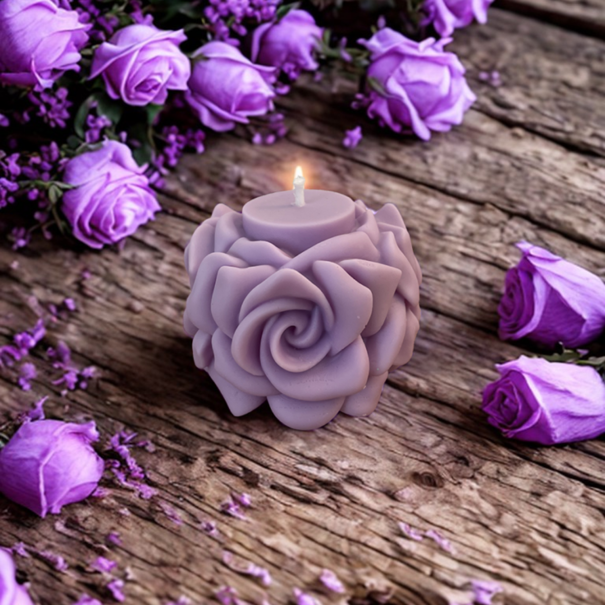 bougie tour de roses lilas