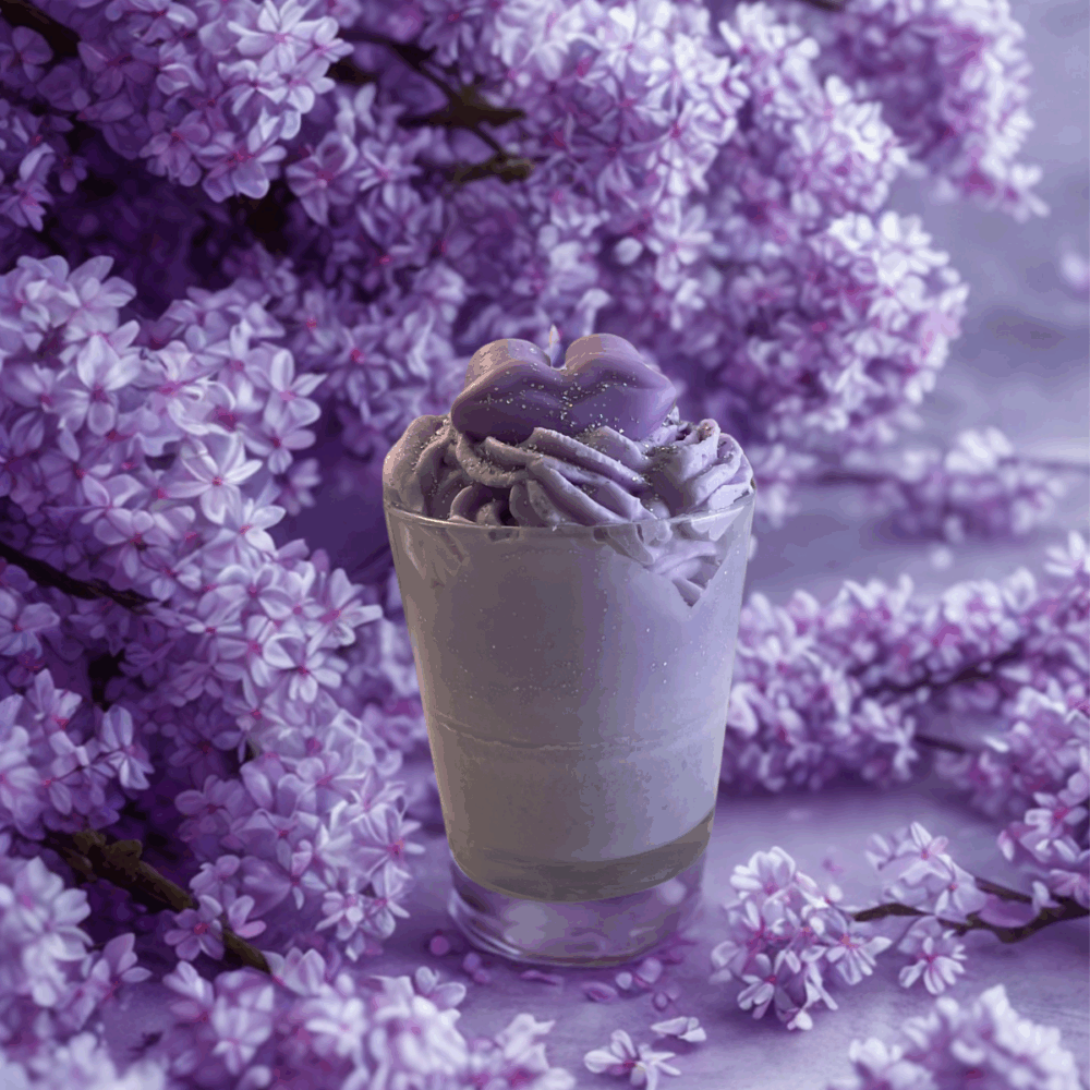 Bougie passion lilas sur fond neutre, montrant sa teinte lilas délicate et son design artisanal.
