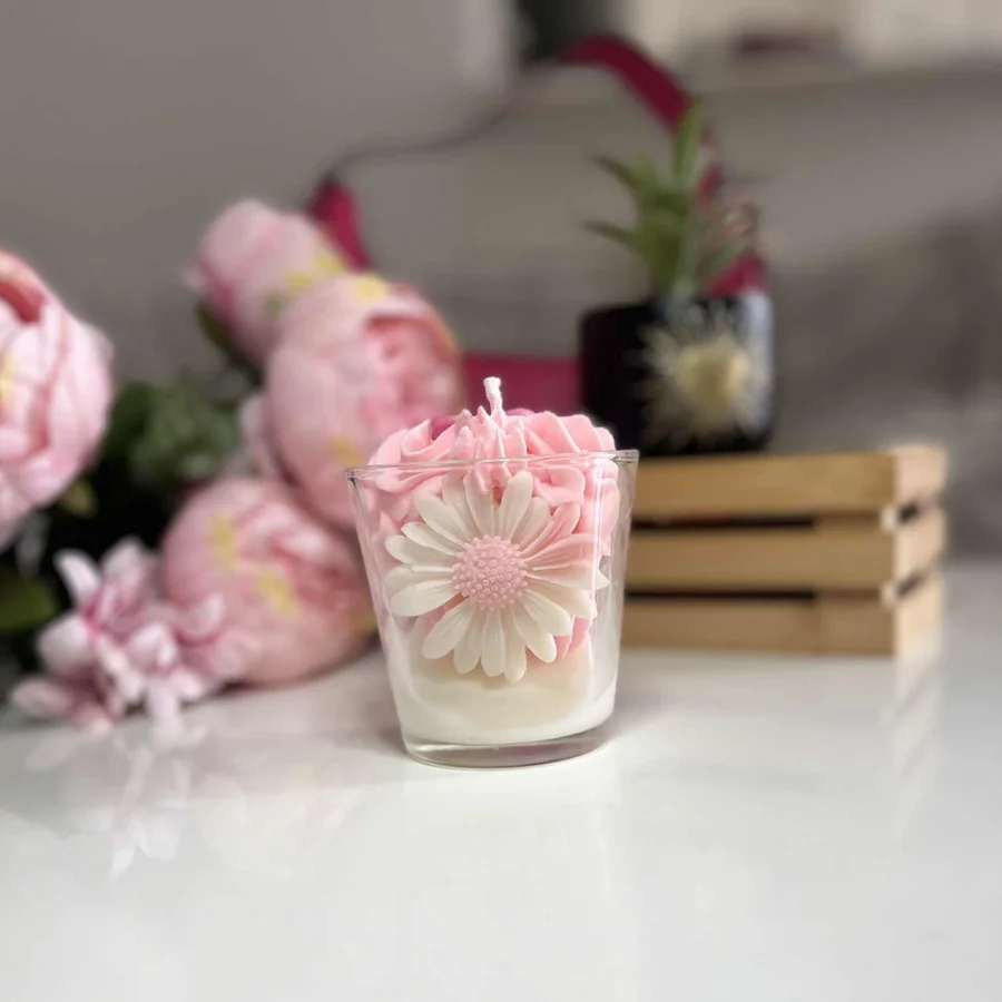 Bougie marguerite fleurs de cerisier artisanale